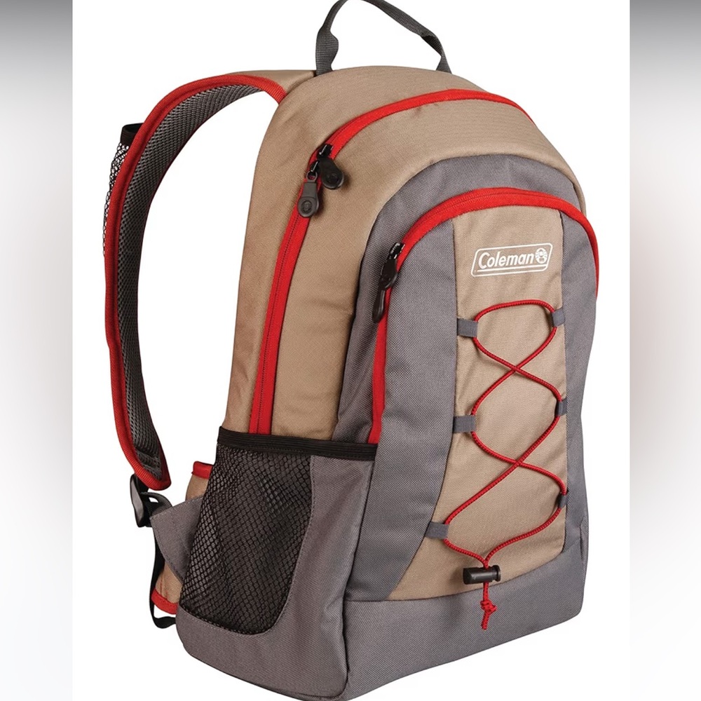 Coleman Tan and Gray Backpack with Red Accents